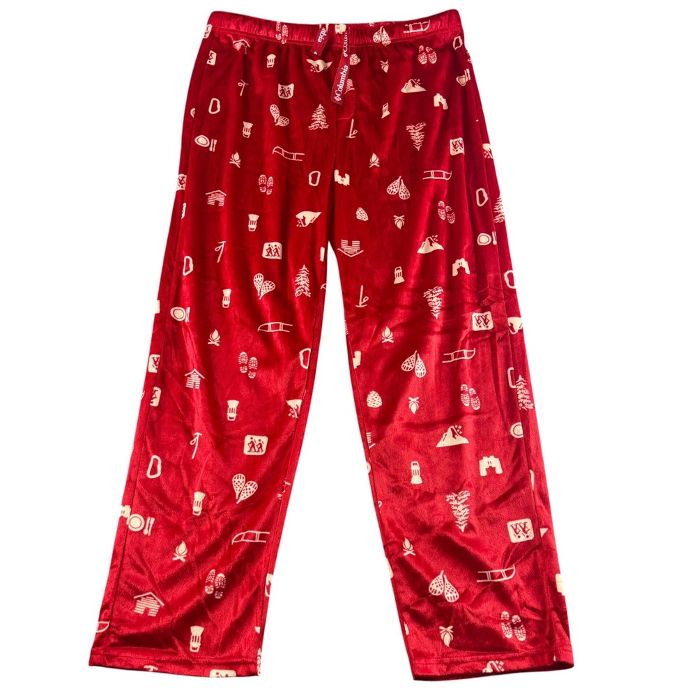 Columbia Mens Red Plush Fleece Camping Print Pajama Lounge Pants Large